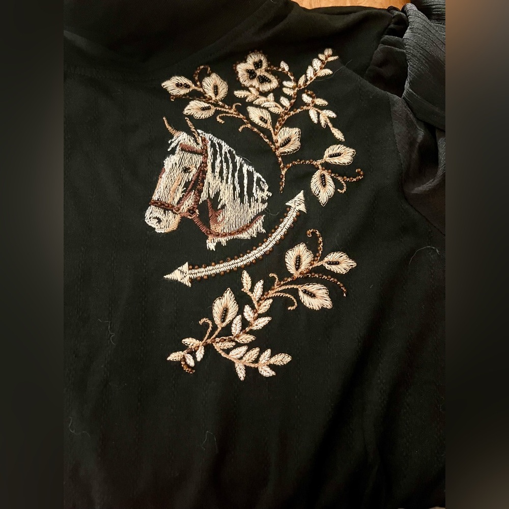 Double D Ranch Black and Gold Embellished Mock Neck Blouse - Long Ride Top - Picture 7 of 13